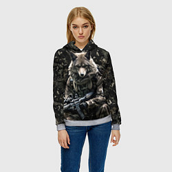Толстовка-худи женская Волк солдат в камуфляже, цвет: 3D-меланж — фото 2