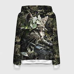 Толстовка-худи женская Кот снайпер в камуфляже, цвет: 3D-белый