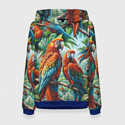 Толстовка-худи женская Попугаи Ара - тропики джунгли, цвет: 3D-синий