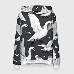 Толстовка-худи женская Стая белых лебедей летящих в небе, цвет: 3D-белый
