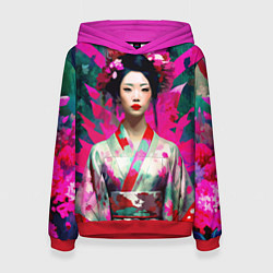 Толстовка-худи женская Сад сакуры - гейша в традиционном японском кимоно, цвет: 3D-красный