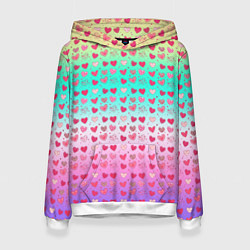 Толстовка-худи женская Паттерн сердечки на разноцветном фоне, цвет: 3D-белый