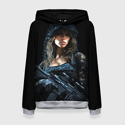 Толстовка-худи женская Брюнетка снайпер в черном камуфляже, цвет: 3D-меланж