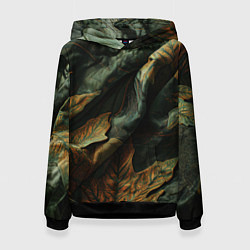 Толстовка-худи женская Реалистичный охотничий камуфляж из ткани и листьев, цвет: 3D-черный