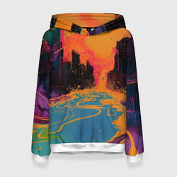 Толстовка-худи женская Абстрактная городская улица со зданиями и река, цвет: 3D-белый