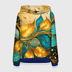Толстовка-худи женская Листья абстрактные золото и бирюза, цвет: 3D-синий