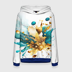 Толстовка-худи женская Бирюзово голубая абстракция, брызги краски на бело, цвет: 3D-синий