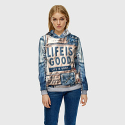Толстовка-худи женская Жизнь прекрасна- пэчворк, цвет: 3D-меланж — фото 2