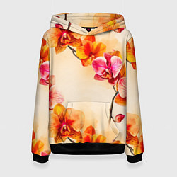 Толстовка-худи женская Оранжевые орхидеи акварельные, цвет: 3D-черный