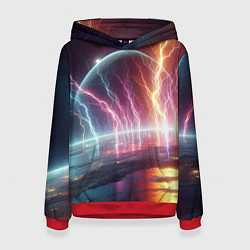 Толстовка-худи женская Неоновый космос - разряд молний, цвет: 3D-красный