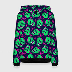 Толстовка-худи женская Неоновые черепа узор, цвет: 3D-черный