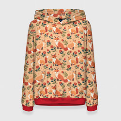 Толстовка-худи женская Лисята в розах, цвет: 3D-красный