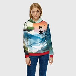 Толстовка-худи женская Восход красного солнца - Японский пейзаж, цвет: 3D-красный — фото 2