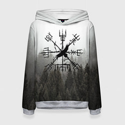 Толстовка-худи женская Ворон в обережном компасе на фоне леса, цвет: 3D-меланж