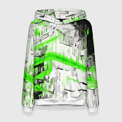 Толстовка-худи женская Бело-зелёная абстракция на чёрном фоне, цвет: 3D-белый