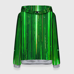 Толстовка-худи женская Вертикальные зелёные линии на чёрном фоне, цвет: 3D-меланж