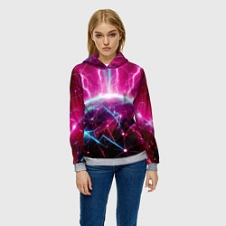 Толстовка-худи женская Неоновые молнии ударяют в планету - нейроарт, цвет: 3D-меланж — фото 2