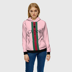 Толстовка-худи женская Гусси - зелено-красная полоса на розовом фоне, цвет: 3D-черный — фото 2