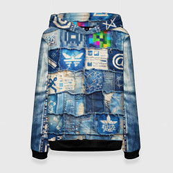 Толстовка-худи женская Пэчворк с игровыми значками, цвет: 3D-черный