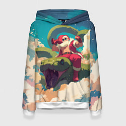 Толстовка-худи женская Дед Мороз сидит на змее, цвет: 3D-белый