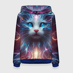 Толстовка-худи женская Fantastic blue-eyed neon kitten, цвет: 3D-синий