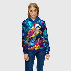 Толстовка-худи женская Морская черепаха в шапке Санты, цвет: 3D-синий — фото 2