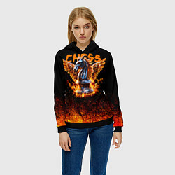 Толстовка-худи женская Шахматный крылатый конь в огне, цвет: 3D-черный — фото 2