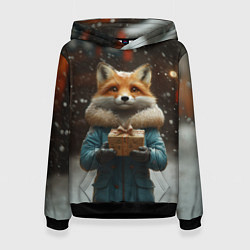 Толстовка-худи женская Лиса с подарком, цвет: 3D-черный