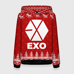Толстовка-худи женская Новогодний Exo с оленями, цвет: 3D-черный