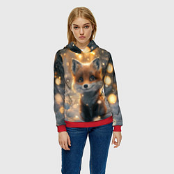 Толстовка-худи женская Лисица в снегу и желтые огоньки, цвет: 3D-красный — фото 2