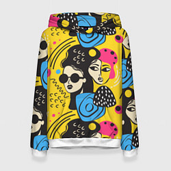 Толстовка-худи женская Яркий паттерн с лицами девушек, цвет: 3D-белый