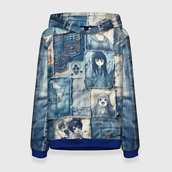 Толстовка-худи женская Персонажи аниме на пэчворк, цвет: 3D-синий