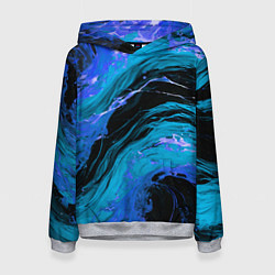 Толстовка-худи женская Синие брызги на чёрном фоне, цвет: 3D-меланж