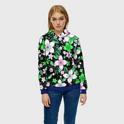 Толстовка-худи женская Зелёно-белые цветы на чёрном фоне, цвет: 3D-синий — фото 2