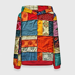 Толстовка-худи женская Пэчворк из ярких тканей, цвет: 3D-красный