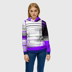 Толстовка-худи женская Чёрные вертикальные полосы на фиолетово-белом фоне, цвет: 3D-синий — фото 2
