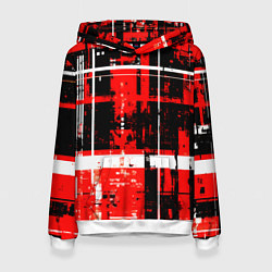 Толстовка-худи женская Красно-белый гранж на чёрном фоне, цвет: 3D-белый