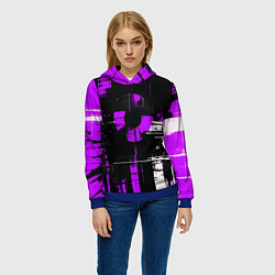 Толстовка-худи женская Фиолетово-белый гранж на чёрном фоне, цвет: 3D-синий — фото 2