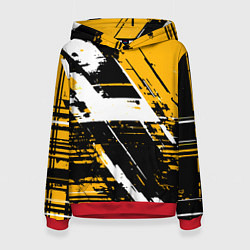 Толстовка-худи женская Diagonal black and white stripes on a yellow backg, цвет: 3D-красный