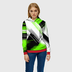 Толстовка-худи женская Диагональные бело-зелёные линии на чёрном фоне, цвет: 3D-красный — фото 2