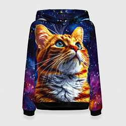 Толстовка-худи женская Рыжий котик в космосе, цвет: 3D-черный