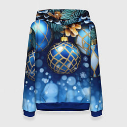 Толстовка-худи женская Синие новогодние шары, цвет: 3D-синий