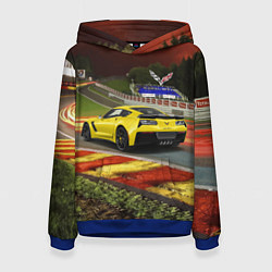 Толстовка-худи женская Chevrolet Corvette на гоночной трассе, цвет: 3D-синий