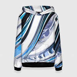 Толстовка-худи женская Волнистая бело-синяя абстракция, цвет: 3D-черный