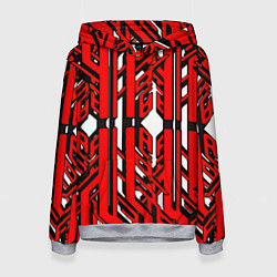 Толстовка-худи женская Чёрно-красные техно полосы на белом фоне, цвет: 3D-меланж