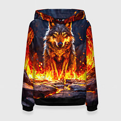 Толстовка-худи женская Волк в огненной пещере, цвет: 3D-черный