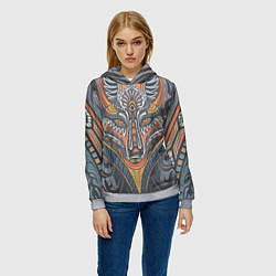 Толстовка-худи женская Орнаментальный волк с узорами стилизованный, цвет: 3D-меланж — фото 2