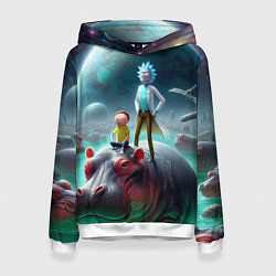 Толстовка-худи женская Рик и Морти сидят на бегемоте - нейроарт фантазия, цвет: 3D-белый