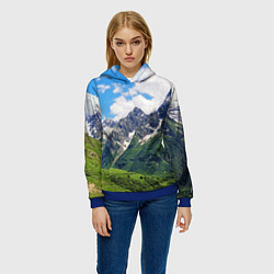 Толстовка-худи женская Домбай - горный пейзаж на Северном Кавказе, цвет: 3D-синий — фото 2
