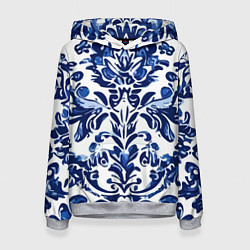 Толстовка-худи женская Гжель русский узор акварель, цвет: 3D-меланж